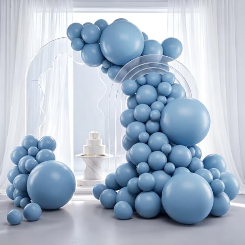 Image of RUBFAC Dusty Blue Balloons 129pcs Different Sizes Pack of 18 12 10 5 Inch, Latex Boho Neutral Blue Balloon Garland Arch Kit for Wedding Engagements Anniversary Baby Shower Birthday Party Decorations