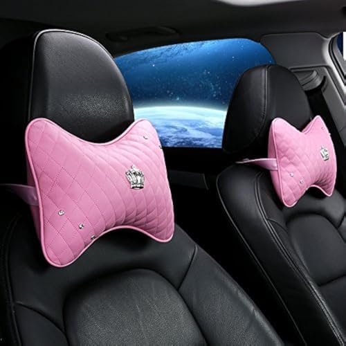 2 PCS Fashion Car Headrest Pillow Neck Cushion Cervical Support Pillow Pad for Relieve Neck Fatigue Pain with Imperial Crown,Pink image 3