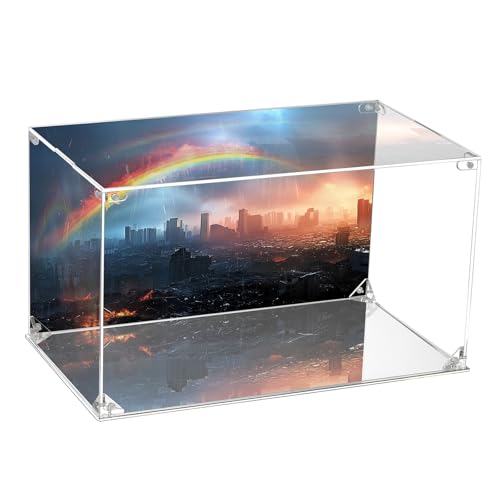 CHILLCASE UV Printed Background Acrylic Display Case with Mirror Base Anime Scene Clear Display Box Stand for Collectible Showcase for Action Figures Models PVC(Rainbow,15.8×9.8×9.8 inch