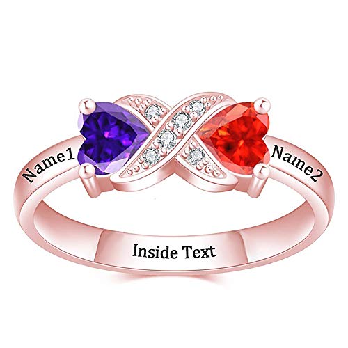 FUJIN Personalized Name Ring,Couples Unique and Heart Birthstones Name Ring,Jewelry for Wife Mom Girlfriend(Rose Gold)