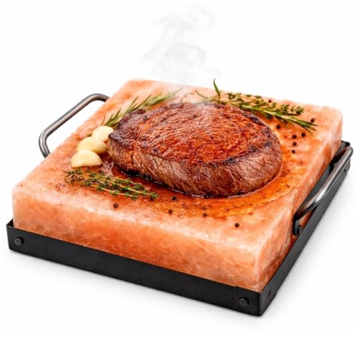 UMAID Himalayan Salt Block Cooking Plate 8x8x1.5 for Cooking, Grilling, Cutting and Serving, Food Grade Rock Salt Stone On Steel Tray with Recipe Pamphlet Unique Gifts for Men, Women, Dads & Cooks