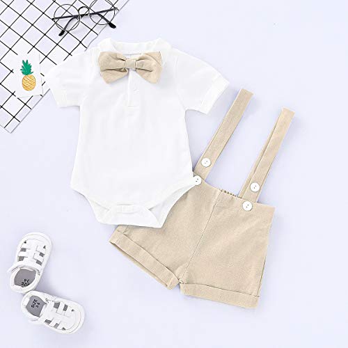 Gentleman Outfits Set For Baby Boys Short Sleeve Romper With Tie And Overalls Bib Pants Clothing Set (Beige, 0 - 6 Months) #TOP2