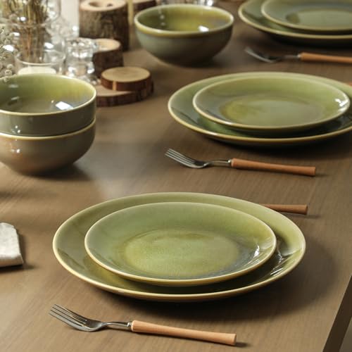Image of Stone Lain Riley 12-Piece Dinnerware Set Stoneware, Plates and Bowls Set, Dishwasher and Microwave Safe, Dish Set for 4, Green and Blue