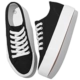 Waluzs Platform Sneakers for Women Low Top Platform Shoes Lace Up Womens Canvas Shoes Breathable White Tennis Shoes (Black,US8)