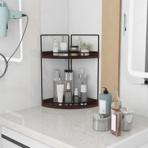 Image of Dorhors 2-Tier Bathroom Counter Organizer,Vanity Counter Corner Shelf, Skincare, Wood Countertop Bathroom Storage and Organization for Kitchen (Walnut)