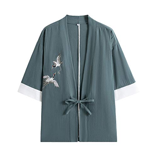 Image of Mens Japanese Kimono Cardigan Cotton Linen Haori Fashion 3 /4 Sleeve Yukata | Shawl Collar Kimono Jacket Robe Embroidery Patchwork Happi Coat Tie Pockets Lightweight Outerwear Daily Casual All Seasons