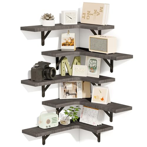 Comparison: Best Wood For Kitchen Shelves 3 Fixwal Floating Shelves for Wall, Rustic Wood Wall Mounted Corner Shelf for Bathroom, Kitchen, Bedroom, Home Decor, Laundry Room, Living Room, Set of 5 (Weathered Grey)