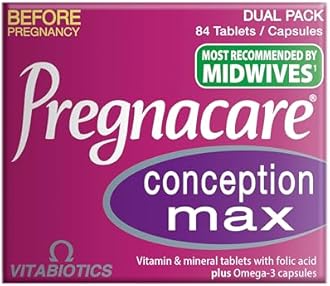Pregnacare Fertility and Conception Max - Pregnancy Multivitamins - UK's No.1 Pregnancy Brand. Greater Prenatal Care for Women, Supplement with Added Omega-3 DHA for Normal Brain and Eye Development.