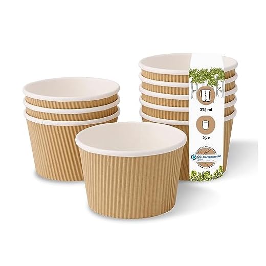 BIOZOYG Bio Vaso de Sopa desechable vajilla To Go de un Solo Uso cartón Kraft con Rifles Revestimiento Interior de PLA Blanco/marrón, pelada I 25 Copas biodegradables 375 ml
