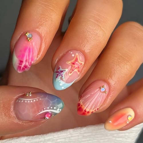 LPOODDNU Summer Press on Nails Almond Fake Nails 3D Ocean Style S...