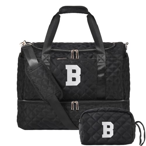 Personalized Initial Travel Bag, Quilted Duffle Bag, Weekender Bag for Women with Cosmetic Bag, Gym Bag with Shoe Compartment, Carry on Overnight Bag, Hospital Bag for Labor Delivery (Black, B)