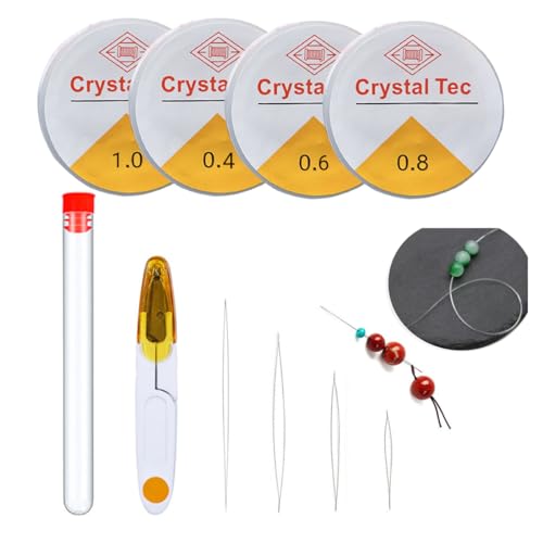 JYNXOR 4 rolos de fio elástico transparente, fio para pulseira elástica, nylon elástico para fazer pulseiras, claro jóias cordão corda com tesouras e agulha de contas pulseira colar pendurar