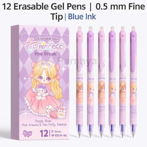 Image of Alokik 12 Pcs Princess Erasable Gel Pen Set 0.5mm Fine Point - Cute Pink Dream Cartoon Pens with Eraser Tip, Smooth Writing Retractable Gel Pens for Kids Girls School Office Supplies Stationery
