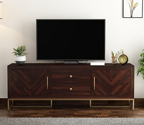 Image of Premium Solid Sheesham Wood TV Unit with 2 Drawers, 4 Shelves, and 2-Door Storage - Accommodates up to 65-Inch TV - Ideal for Living Room (Cobalt, Walnut Finish)