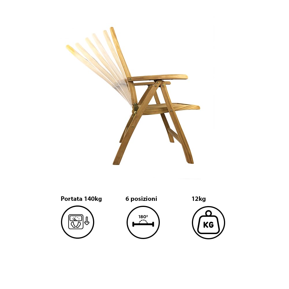 Sedia Pieghevole da Giardino in Legno di Teak Bali Poltrona Schienale Regolabile Braccioli Resistente Esterni