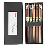 OVAQUIXI Juego de 5 Pares de Palillos de Madera Maciza (Madera de Espada + ébano + Boj + Palisandro + de castaño) Diseño Antideslizante, Comida Fácil de Agarrar, Estilo (palillos puntiagudos)