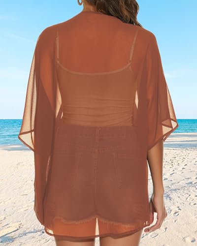 Womens Kimono Cardigans Beach Cover ups Swimwear Puff Sleeve Loose Casual Summer Tops (Caramel,L)