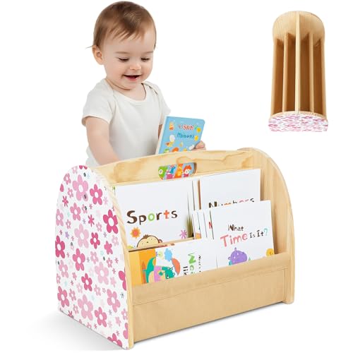 Image of Toddler Bookshelf Double-Sided with 4 Tier Deep Sleeves Kids Wooden Montessori Book Rack for Baby Nursery Room, Playroom, Classroom or Bedroom Bookcase Storage Organizer, Pink Flowers