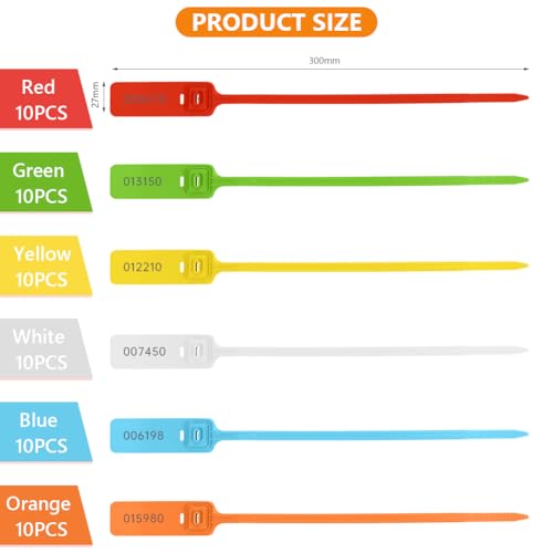 Flintronic 60x Plomben, SicherheitsPlomben aus Kunststoff, Kunststoff-Kabelbinder Tags mit nummeriert, kabelbinder tags bunte für Koffer,Reisegepäck,Kleidung, Schuhe (Flachstreifen)