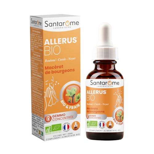 Santarome Bio - Allérus Bio | Complément Alimentaire Allergies | Pollens, Graminées & Rhume des Foins - Tri-Complexe de bourgeons - Bouleau, Cassis, Noyer | Flacon Pipette 30 ml| Made In France |Végan