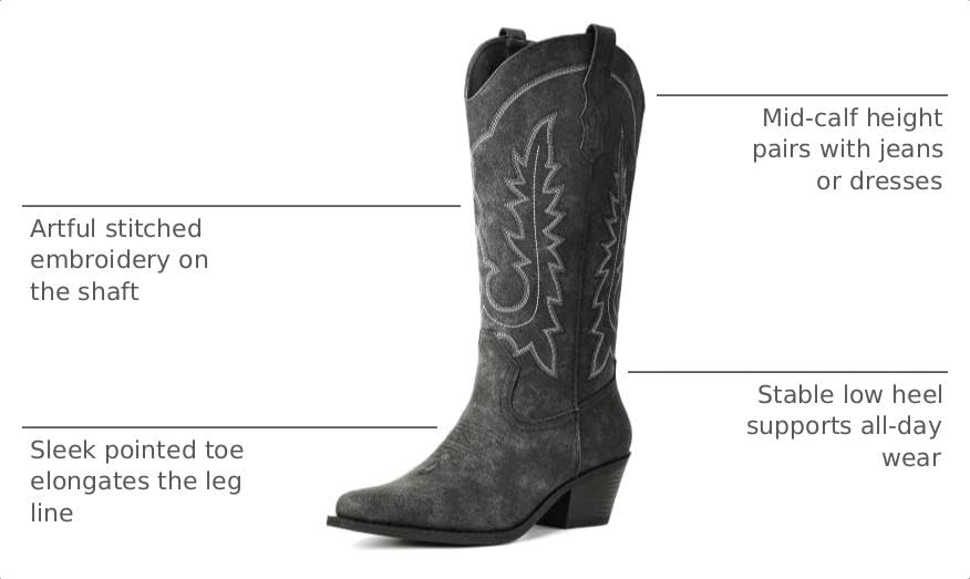 Image of Women's Pointed Toe Mid Calf Cowboy Boots - Cowgirl Boots with Chunky Heel