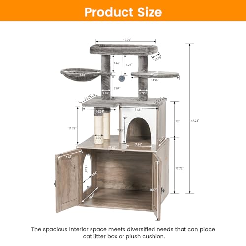 Snughome Cat Litter Box Enclosure with Tree Tower and Condo, Hidden Washroom Furniture with Sisal Scratching Post and Soft Plush Perch, Wooden Cat Furniture with Multiple Platforms, Grey
