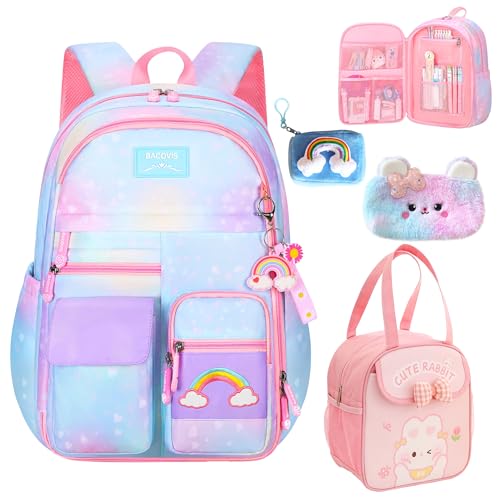 5Pcs Kawaii Backpack Set for Girls, Teens Bookbag Rainbow Laptop Bag Lightweight Daypack, Large Capacity School Backpack Kids Gradient Double Shoulder Backpack (Blue)