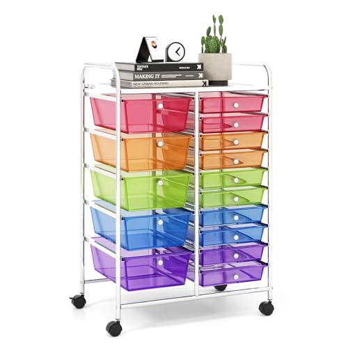 Image of LDAILY 15 Drawer Rolling Storage Cart, Rolling Cart with Drawers for Classroom, Art Supply Craft Organizer on Wheel with Metal Frame & Handles for Home Office School