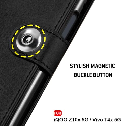 Image of TheGiftKart Flip Cover Back Case for iQOO Z10x 5G / Vivo T4x 5G | Genuine Leather Finish | Designer Button | Inbuilt Pockets & Stand | Flip Flip Back Case Cover (Faux Leather, Black)