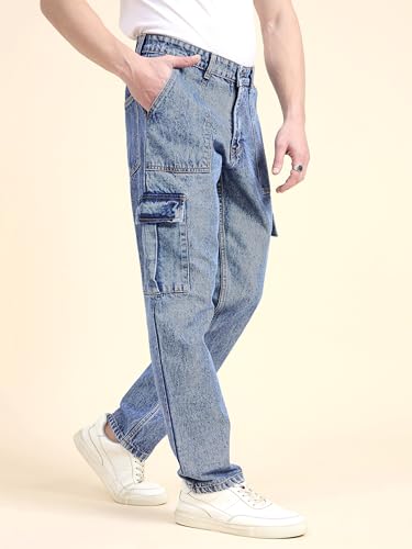 Image of STUDIO NEXX Men's Loose Fit Cargo Jeans | Non Stretchable | Cargo Denim for Men | Loose fit Cargos | Utility Pockets