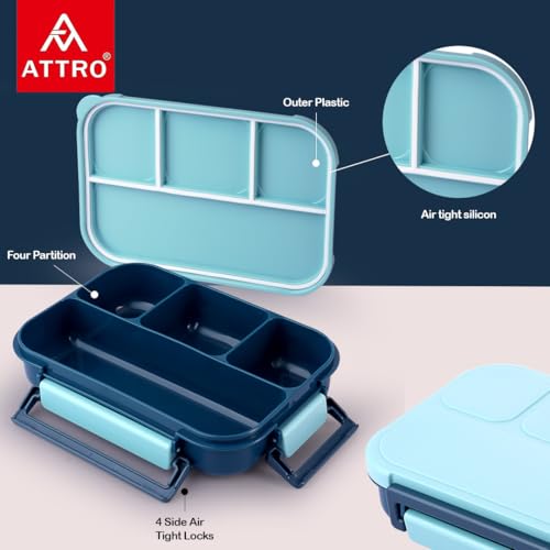 Image of ATTRO Gourmet 4 Compartment Lunch Box Portable Meal Organizer for Office, School BPA-Free, Food Grade, Freezersafe, Microwave & Oven Safe 1000ml Blue, Plastic