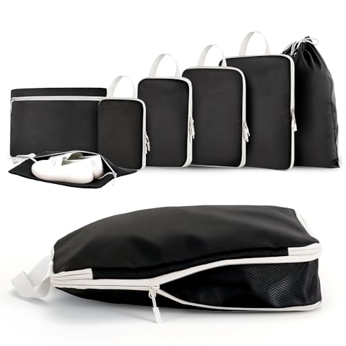 MEUVO Compression Packing Cubes for Suitcases – 7 Pack Suitcase Organiser Bags, Durable Luggage Organizer Bags for Suitcase or Backpack, Black