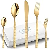 Besteck Set 12 Personen Gold,SANLI 60 Teilig Modern Edelstahl Messer Gabel Löffel Steinmuster Griff Besteckset,spülmaschinenfest rostfrei.
