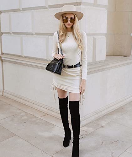 Btfbm Women Ruched Bodycon Drawstring Dress Plain Solid Crew Neck Long Sleeve Casual Stretch Knit Tight Short Dresses (Solid Beige, M) #TOP3