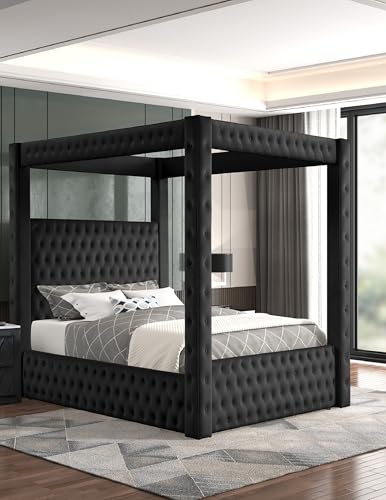 Majestic Four-Poster King Bed Frame – Modern Luxury with Tufted