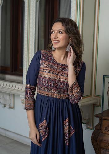 Image of Daevish New Gold Printed 3 /4 Sleeves Flared Maxi Length Dress for Women & Girl's | Maxi Dress for Women | Women Flared Dress