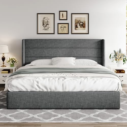 Allewie King Size Lift Up Storage Bed, Modern Wingback Headboard, Hydraulic Support, No Box Spring Needed, Dark Grey