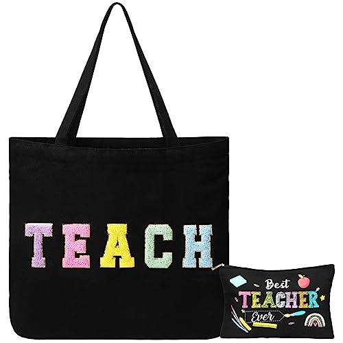 Image of Silkfly 2 Pcs Teacher Tote Bags Kit - Teacher Tote Bags and Makeup Bag