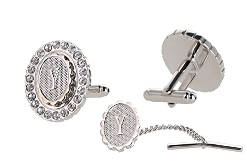 Vittorio Vico Bling Initial Cufflinks & Tie Tack Set (Y - Silver) #TOP3