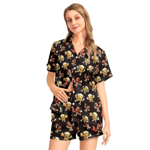 Image of Funny Satin Pajamas Set for Women Button Down Sleepwear Print Pjs Set 2 Piece Short Sleeve Loungewear Gift for Women