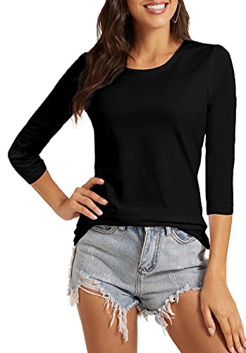 Viioo Women's Basic 3/4 Sleeve Crew Neck T-Shirt Casual Solid Slim Cotton Top(Black/O-Neck,S) #TOP1