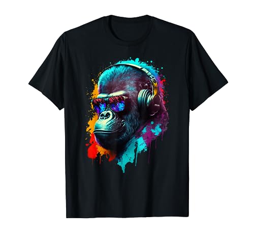 Gorilla Monkey DJ Headphones Sunglasses Colorful Club Music T-Shirt