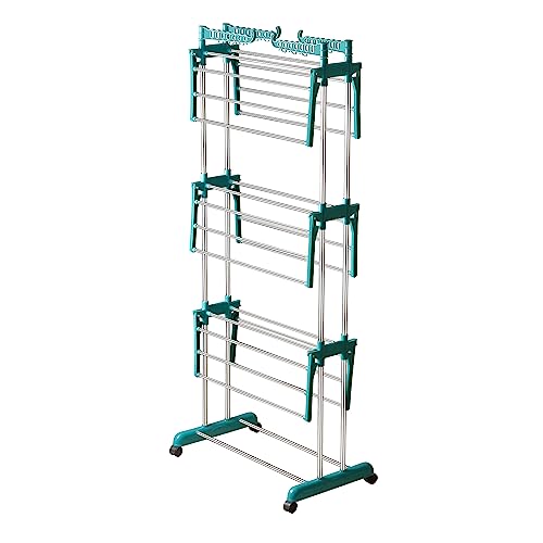 Image of LOT Ley Stainless Steel Clothes Drying Stand Foldable, Double Rack Cloth Dryer Stand, Heavy Duty Laundry Drying Rack, Rust Proof Steel Stand for Clothes, Indoor & Outdoor, 120 x 54 x 94 cm (skygreen)