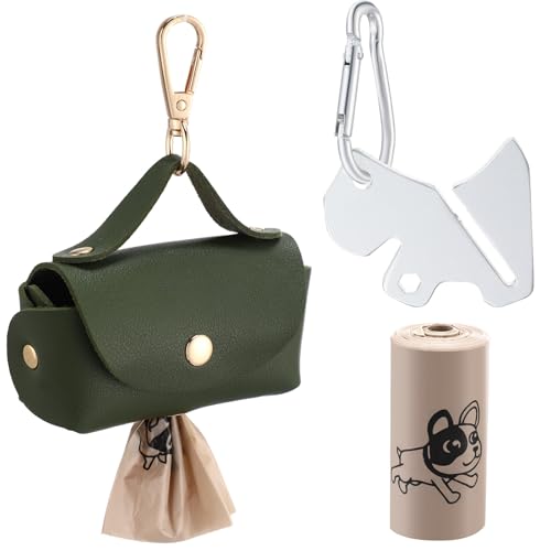 Image of Affrolling 5 Pcs Leather Dog Poop Bag Holder Christmas Include 45 Scented Poop Bags Dispenser Cute for Travel Walking Dog Park and Outdoor Use(Dark Green)