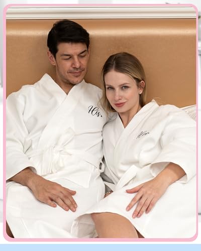 Jecery 2 Pack His and Hers Robes Gifts Cotton Waffle Kimono Embroidered Matching Robes Party Anniversary Wedding4