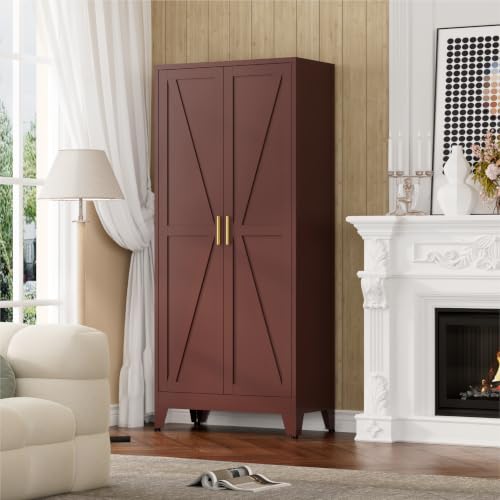 Image of LCAOPC 61 inch Tall Farmhouse Metal Pantry Cabinet, 4-Tier Freestanding Kitchen Storage Cabinet with 3 Adjustable Shelves for Living Room, Dining Room and Office, Maroon Red-Brown