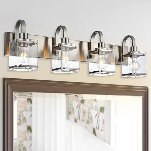 Image of Brushed Nickel Bathroom Light Fixtures, 4 -Light Vanity Lighting Fixture Over Mirror with Clear Glass Shade Wall Sconce Lighting for Mirror Kitchen Living Room Bedroom Hallway