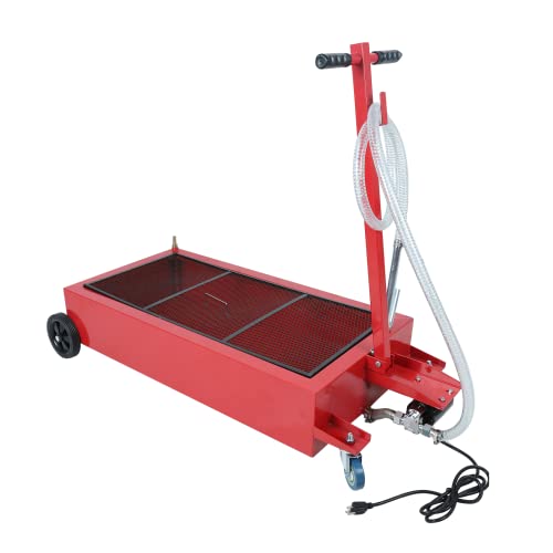 BACLAUGH Low Profile Oil Drain Pan 20 Gallon Portable with 110V DC Centrifugal Electric Fuel Transfer Pump for Gasoline Diesel and 7 FT Hose(Iron Red)