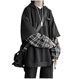 ZITEZHGO Emo Hoodie Streetwear Hoodies for Men Women Teen Boys Oversized Pullover Patchwork Sweatshirt (Black,XL,Men,Unisex,Adult,US,Alpha,X-Large,Regular,Regular)