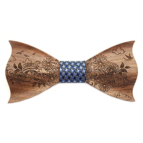 GASTON ET FERDINAND - Noeud Papillon Bois Foncé Tissu Au Choix 3D Décor Floral Nature Champêtre Fait Main Artisanal - Taille unique, N03 Cover